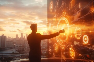 A businessman facing a cityscape at sunset, engaging with a virtual interface displaying futuristic data and graphics, representing technology and progress.