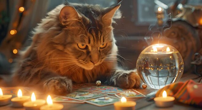 A mystical scene featuring a cat intently gazing into a glowing crystal ball, surrounded by tarot cards and candles.