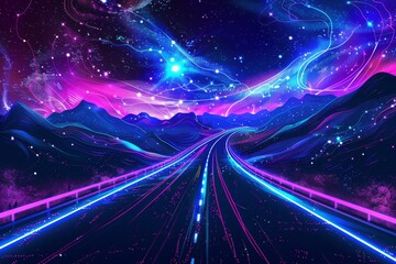 Obraz premium Neon-lit road under a vivid starry night, blending sci-fi elements with vivid colors.