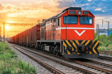 Obraz premium A freight train is depicted navigating along railway tracks with a vibrant sunset in the background, illustrating the strength and reliability of rail transport.