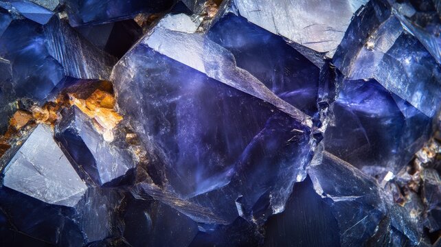 Close-up of iolite crystal, focusing on its vibrant blue hues and reflective surfaces.