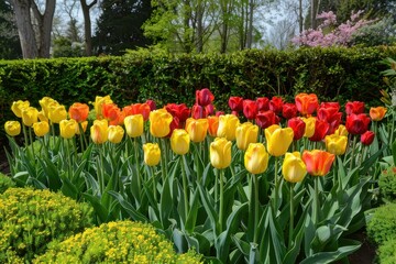 A vibrant garden scene with a mix of colorful tulips in red, yellow, and orange, bordered by neatly trimmed hedges.