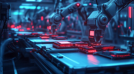 AI-Enhanced Smart Factory Producing High-Tech Consumer Electronics with Automated Robotics and Advanced Machinery for Streamlined Production Processes and Innovative Product Development