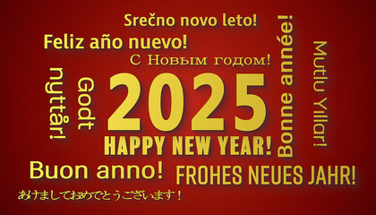 Illustration of a word cloud in different languages with the message happy new year in yellow over red background - represents the new year 2025.