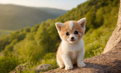 Obraz premium Adorable puppy posing on a tree trunk in nature
