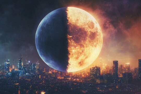 A dramatic half-illuminated moon lofts over a modern city skyline, painted in twilight colors, embodying the meeting of celestial bodies and human developments in a captivating scene.