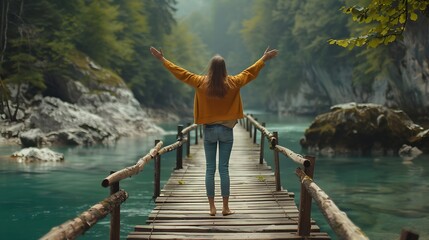 Naklejka premium Young woman stands on a wooden bridge with raised arms up on the nature background Travel Freedom Lifestyle concept Slovenia Europe : Generative AI