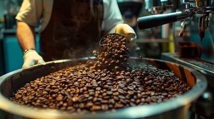 worker took Freshly roasted coffee to check the quality of the mixer drum for cooling : Generative AI