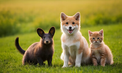 Obraz premium Adorable puppy posing on grass with cat and fennec fox