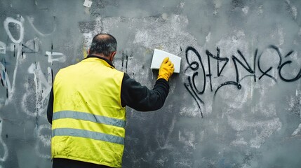 Removing Graffiti Cleaning Wall Worker Yellow Vest Sponge Action