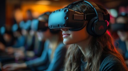 AI-Enhanced Personalized Learning Environments in Virtual Reality: Students engaging in VR classrooms tailored to their learning styles and needs by AI.