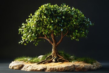 Isolated oak tree with green leaves and white trunk stands tall in a lush, grassy park, surrounded by vibrant spring foliage