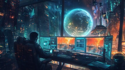 The Energy Sphere is rotated over two monitors in an abstract futuristic illustration intended to stimulate brainstorming. Stock.
