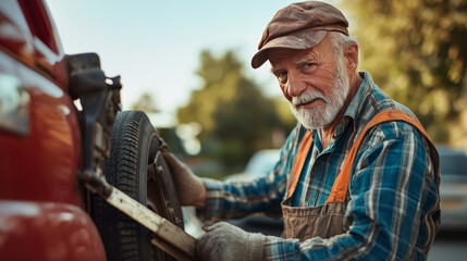 Fototapeta premium A dashing elderly man working on roadside towing service. Roadside assistance idea.