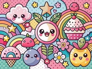 Naklejka premium kawaii Googly Eyes Japanese-inspired cute culture pastel colors bold lines graphic illustrations pop art inspired visual storytelling playful arrangement