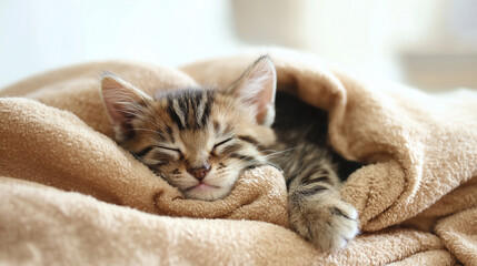 A little cat is peacefully sleeping under the blanket, Just after taking a bath at the pet store, A stray cat sleeps with its eyes closed, wanting protection