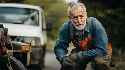 A dashing elderly man working on roadside towing service. Roadside assistance idea.