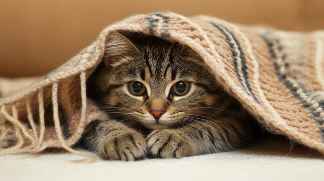 A cute cat is hiding under a blanket. Just after taking a bath at the pet store, the stray cat pitifully stares ahead, wanting protection