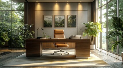 Luxurious brown desk chair with metal accents in a professional, vibrant room setup. Volumetric lighting enhances the photorealistic details, creating a magazine-style, high-end office environment.