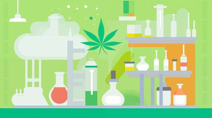 Obraz premium Colorful Laboratory Scene with Cannabis Leaves and Industrial Equipment