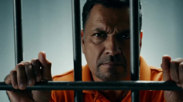 Middle aged Caucasian male prisoner in an orange uniform against a background of metal bars looks at the camera. The criminal serves his sentence in a prison cell. FHD video.
