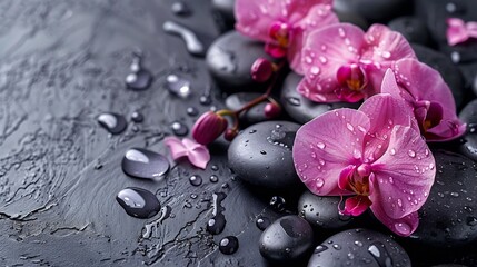 Composition with spa stones orchid pink flower on grey background Spa concept : Generative AI