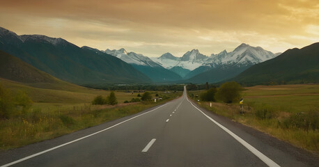 Fototapeta premium Empty asphalt road leading to the snowy mountain peaks at sunset