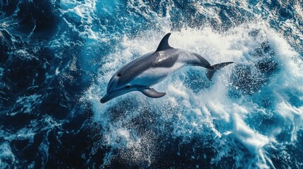 A dolphin gracefully leaps from the vibrant ocean waves, showcasing its agility and beauty in a stunning sea environment.