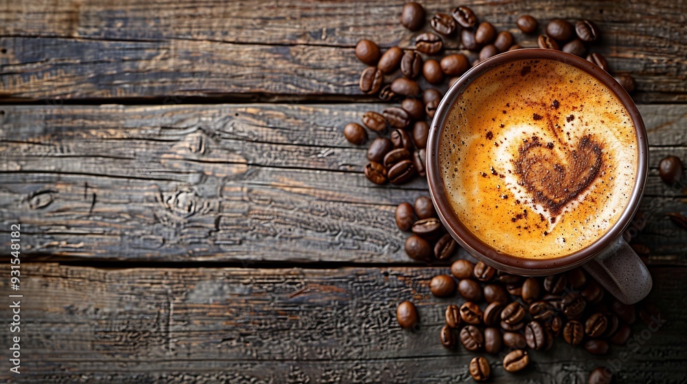 Poster cup of coffee latte with heart shape and coffee beans on old wooden background : generative ai