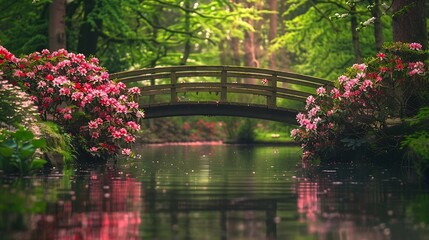 Fototapeta premium Idyllic spring image of a bridge and blooming Rhododendron along the waterside in botanical garden Arboretum Trompenburg in Rotterdam The Netherlands : Generative AI