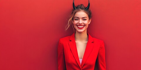 smiling woman in red suit, devil horns, solid background, 