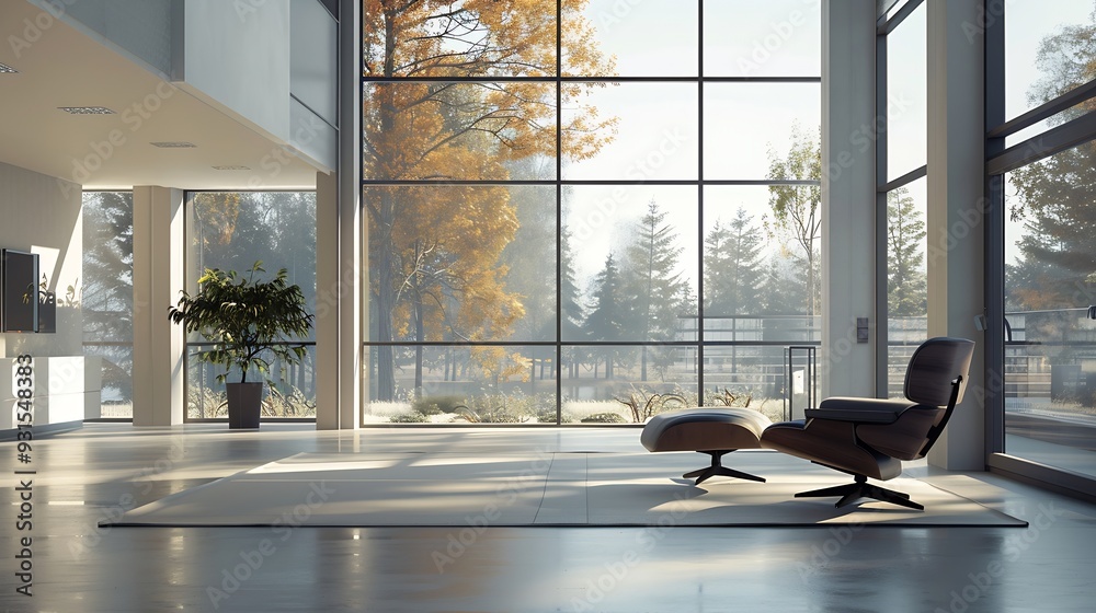 Poster interior design of a room in a new building with large windows : Generative AI