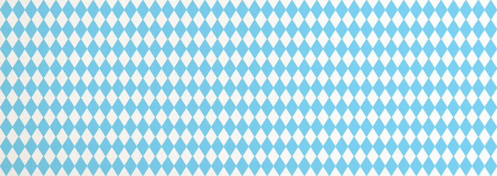 Oktoberfest background with blue Bavarian check seamless pattern, flag of Bavaria on white fabric canvas for Germany national festival celebration party