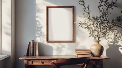 Wooden desk with a blank frame, vase of greenery and books on a white wall in a sunlit room.
