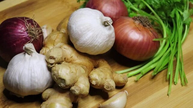 Slow-motion rotation of onion garlic ginger on board. Cooking preparation. Nutrition, diet, vegan food concept. Healthy eating ingredients.

