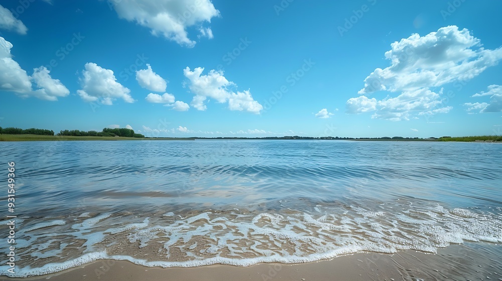Poster a minimalistic landscape photo view of river or ocean with blue sky horizontal landscape of realisti