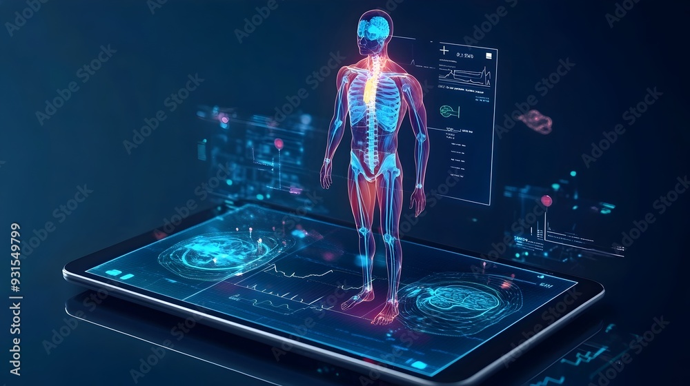 Poster virtual twin health monitoring a tablet displaying a virtual twin that tracks and analyzes real time