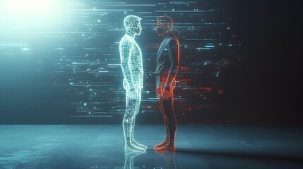 Digital Twin Standing Alongside Futuristic Physical Person with Ample Copy Space at the Top for Text Overlay  Concept of Future Identity Virtual Reality and Intelligence