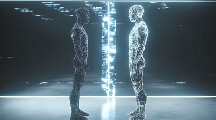 Digital Twin of a Person A digital twin standing side by side with the physical person both in a futuristic setting