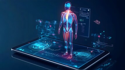 Virtual Twin Health Monitoring A tablet displaying a virtual twin that tracks and analyzes real time health metrics and biometrics to provide personalized health insights and data driven wellness