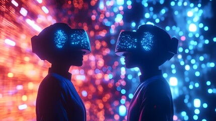 Engaging Avatars in a Vibrant Digital Realm Two identical digital figures interacting and showcasing various activities within an virtual environment