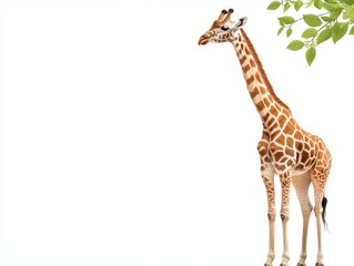 Fototapeta premium Giraffe standing tall with leaves overhead. Isolated on white background. Perfect for wildlife and nature-themed projects.