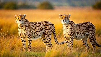 Obraz premium Two cheetahs on the hunt in the savannah , Wildlife, animals, predators, fast, sprinting, Africa, safari, feline, hunting