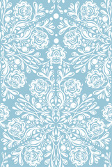 Vector decorative seamless pattern with white ornate lace on blue background. Surface design of delicate floral ornament for fabrics and wrapping paper