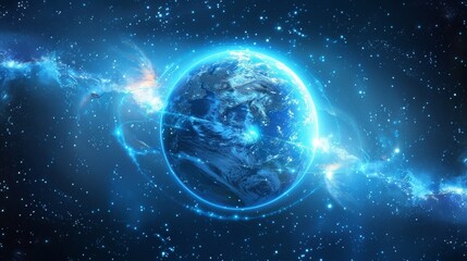 An abstract digital artwork of a glowing blue planet in space surrounded by energy waves and stars. Perfect for sci-fi themes, digital artwork, or space-related content.