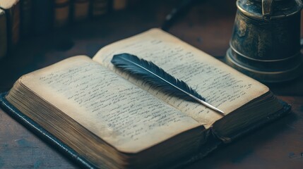 Obraz premium A close-up of a blank open book with a quill and inkpot, symbolizing the potential of unwritten stories.
