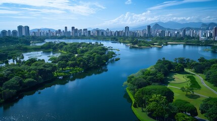 Fototapeta premium Aerial view of Rio de Janeiro from the botanical garden Views Nature skyscrapers lagoon and racecourse Urban center of the city Brazil : Generative AI