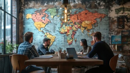 Group of People Sitting at a Table in a Cafe with a World Map on the Wall