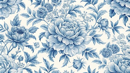 French toile pattern featuring light blue peony flowers, french, toile, pattern, light blue, peony, flowers, elegant