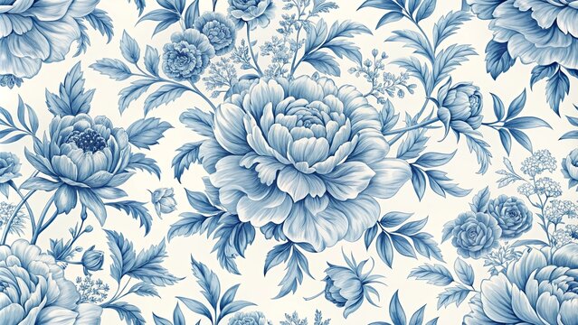 French toile pattern featuring light blue peony flowers, french, toile, pattern, light blue, peony, flowers, elegant